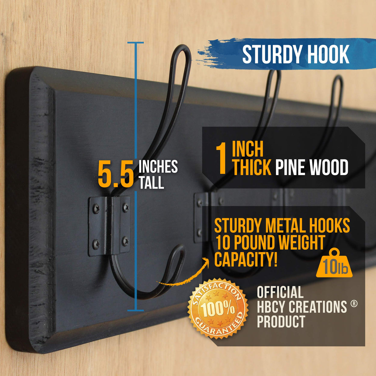 HBCY Creations Black Rustic Coat Rack Wall Mount with 5 Hooks, Solid Pine Wood 24 inch Wall Hooks for Entryway, Mudroom, Hallway, Bathroom - Vintage Farmhouse Style Wall Mounted Towel Rack HBCY Creations