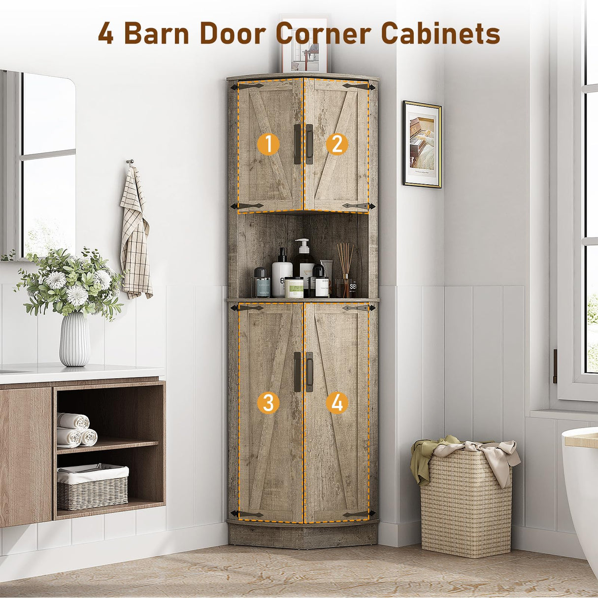 Hlivelood 68" Tall Farmhouse Corner Cabinet, Dining Room Storage Cabinet with 4 Barn Doors and 5 Level Storage with Adjustable Shelves, for Kitchen, Living Room, Laundry Room, Light Rustic Oak Hlivelood