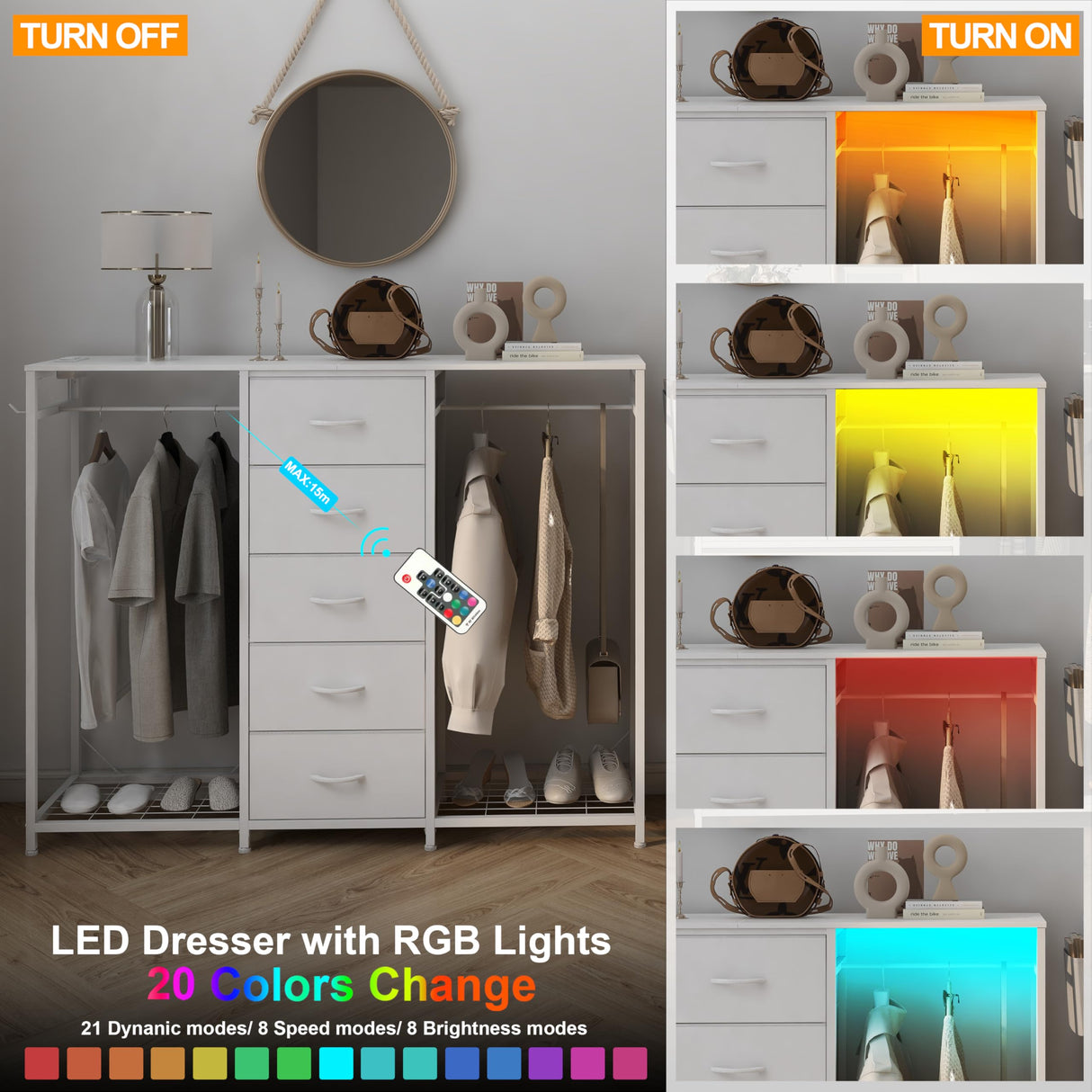 Espelism Dresser for Bedroom with Clothes Rack 5 Drawer Dresser with Charging Station LED Lights White Chest of Drawers Flexible Shelf and Open Storage Space for Bedroom Living Room (White) Espelism