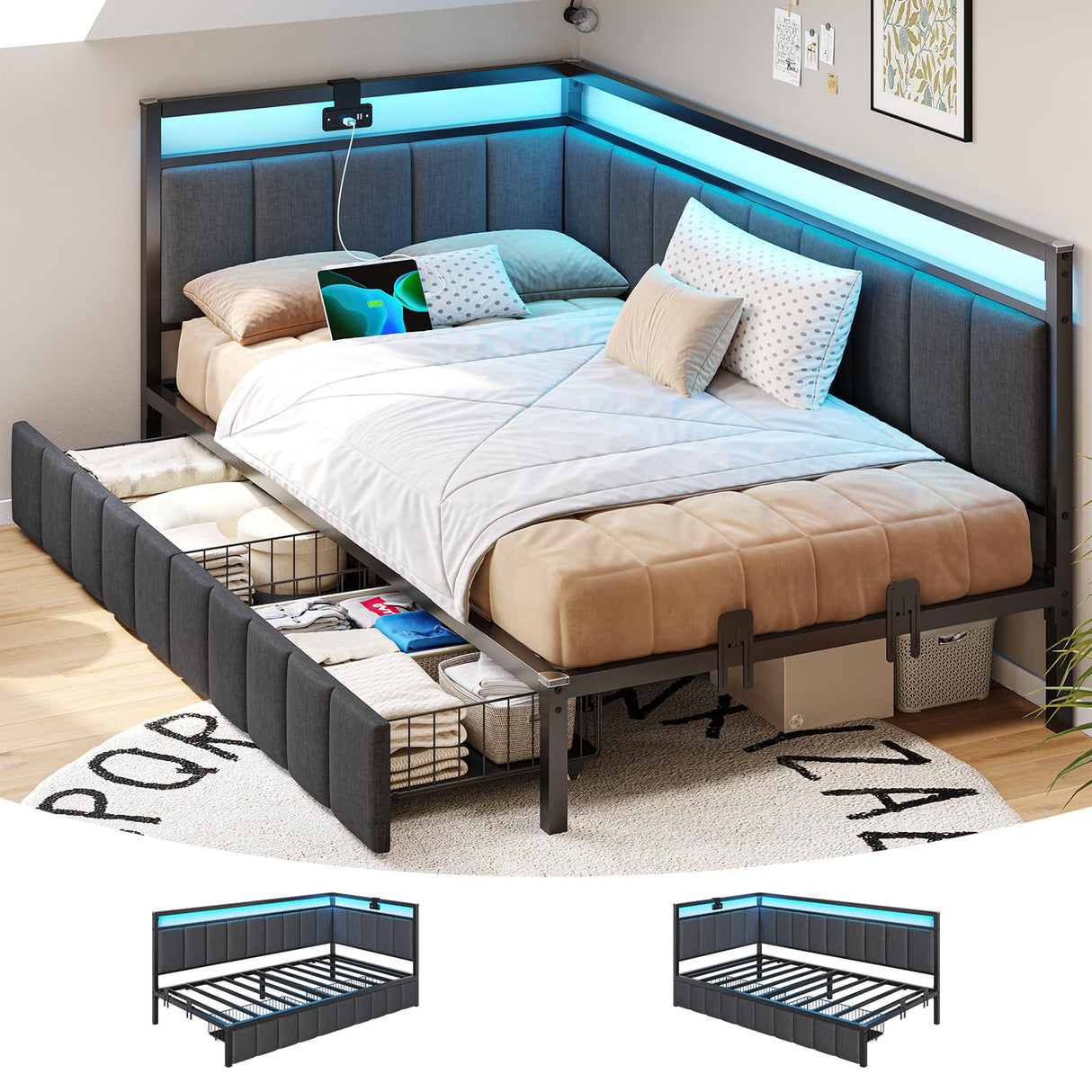 DICTAC Twin Size Bed Frame with 2 Storage Drawers & Charging Station twin Platform Corner Bed Frame with Led Lights Twin Daybed With Upholstered Guardrail for Living Room, Bedroom and Guest Room, Gray DICTAC