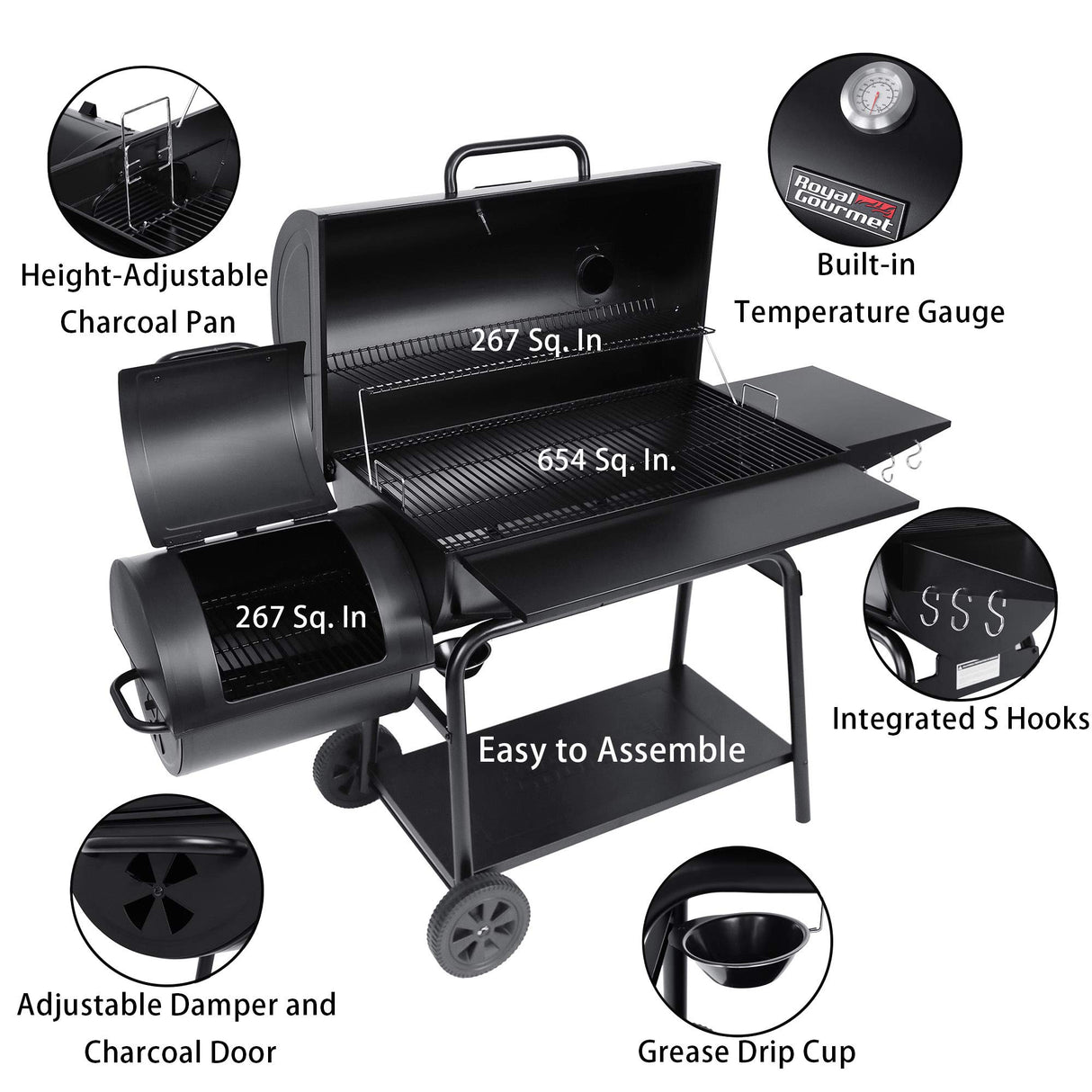 Royal Gourmet CC2036F Barrel Charcoal Grill with Offset Smoker, Outdoor Smoker with 1200 Sq. In. Cooking Area for Outdoor Barbecue Event , Black Royal Gourmet