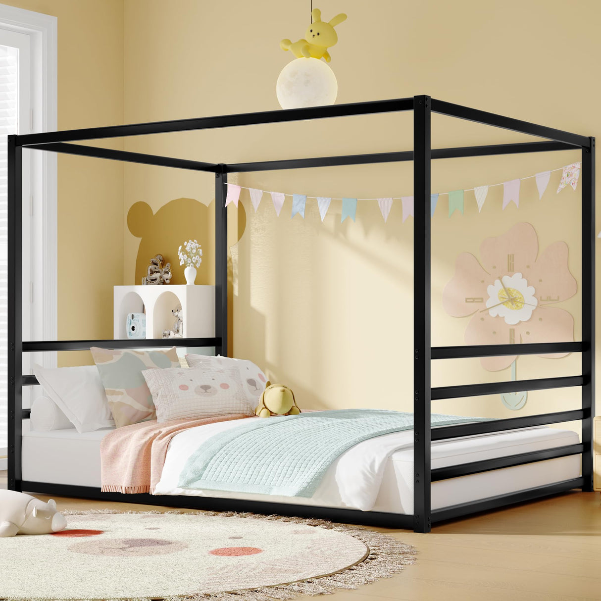Bellemave Canopy Floor Bed with 4 Posters, Metal Queen Size Montessori Floor Bed with Headboard, Anti Bump Design, Easy Assemble Montessori Beds, Queen, Black Bellemave