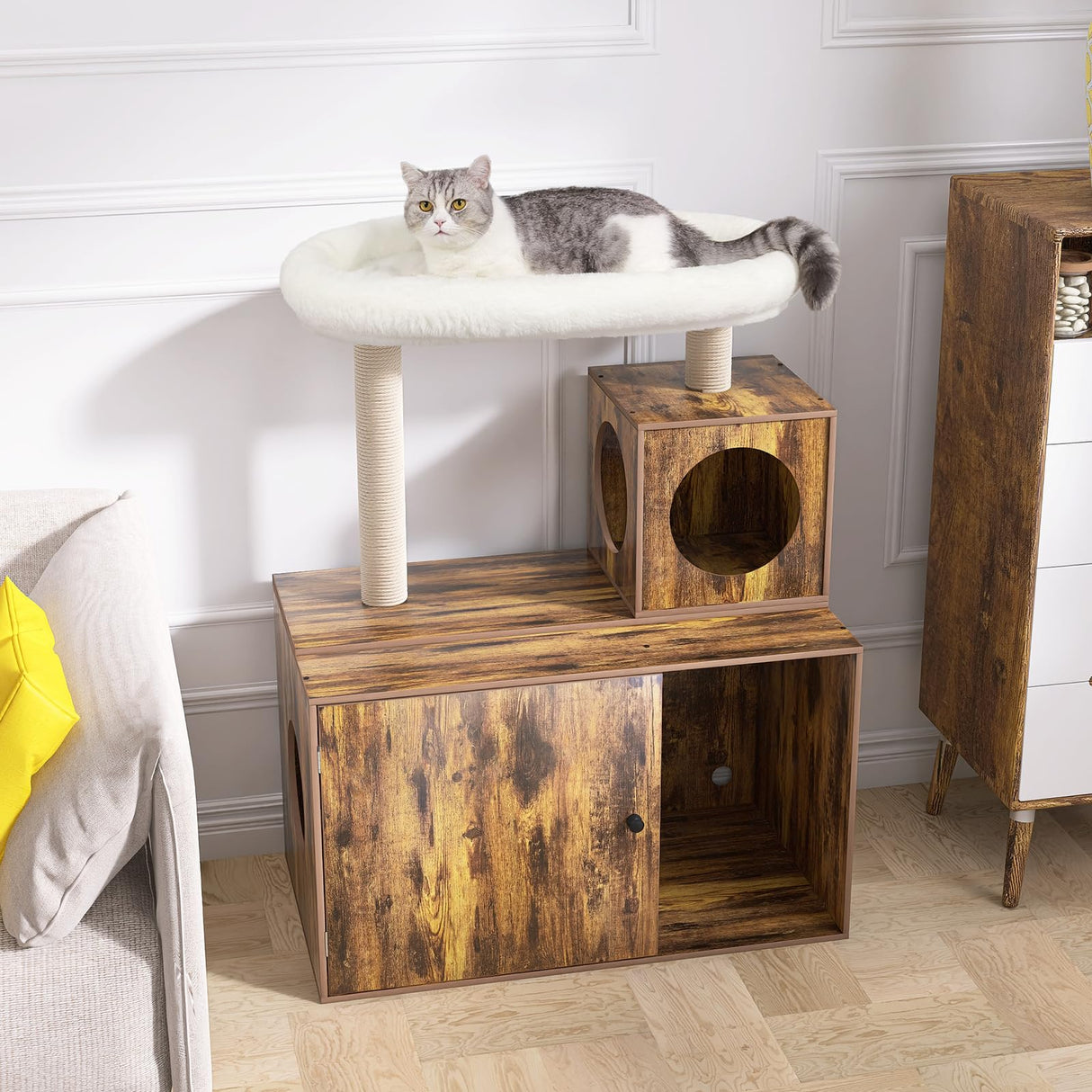 YOCAN Multi-Functional Cat Tree with Litter Box Enclosure, Wooden Apartment with Scratching Post, Modern Style Cat Tree Furniture with Hidden Tower, Cat House Furniture (Brown, L:31.5'') YOCAN