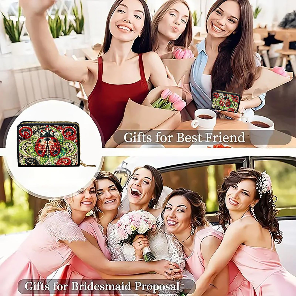 DoxQcs Anti-demagnetization Coin Card Holder, DIY Diamond Art Painting Leather Zipper Card Case Wallet-Ladybird-2 DoxQcs