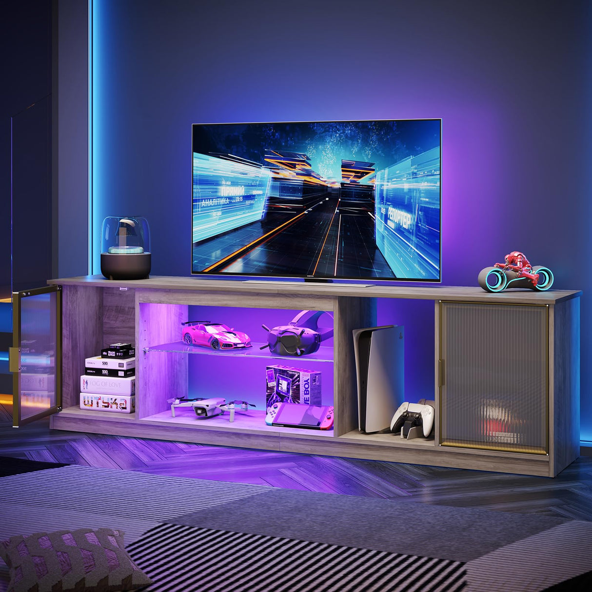 Bestier LED 70 inch TV Stand for 80 inch TV, Modern Entertainment Center with Storage Cabinet for PS5, TV Console for Living Room Bedroom, Adjustable Glass Shelf & Acrylic Doors, Grey Bestier