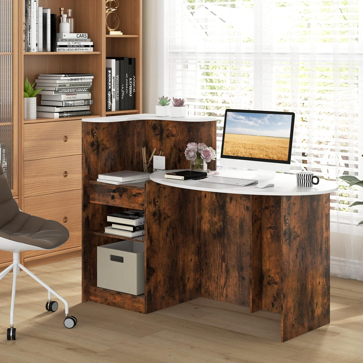 GOFLAME Reception Desk with Lockable Drawer & Adjustable Shelf, Front Counter with Oval Tabletop, Retail Register Stand, Office Computer Desk for Hotel, White + Rustic Brown GOFLAME