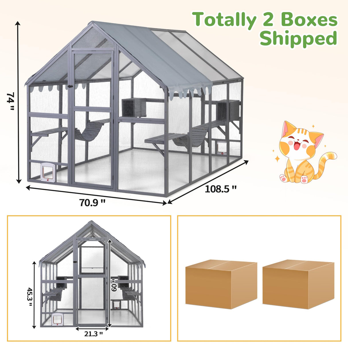 Catio Outdoor Cat Enclosure, 53.5ft² Extra Large Wooden Cat Catio Outdoor Cat House with Weatherproof Roof, Walk-in Doors with Lock, Window Access, 110" L x 71" W x 74" H, Grey Nyeekoy