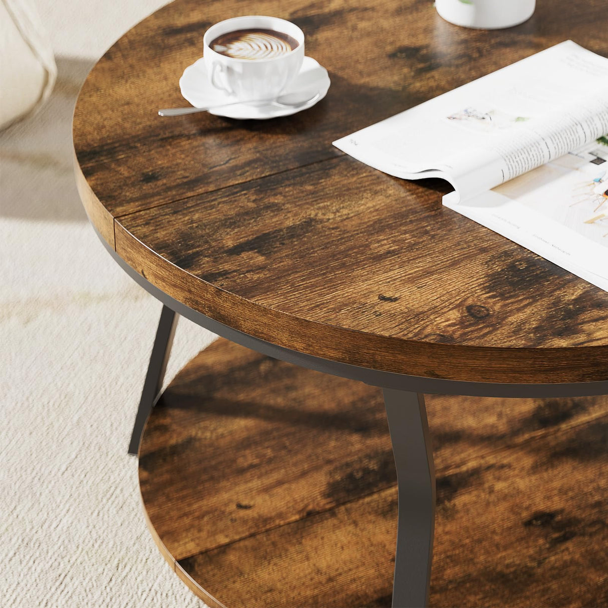Round Coffee Tables for Living Room, Circle Wood Coffee Table, 2 Tier Industrial Modern Center Table with Thickened Tabletop and Metal Frame, 31.5 inch (Rustic Brown) AntsandAnts