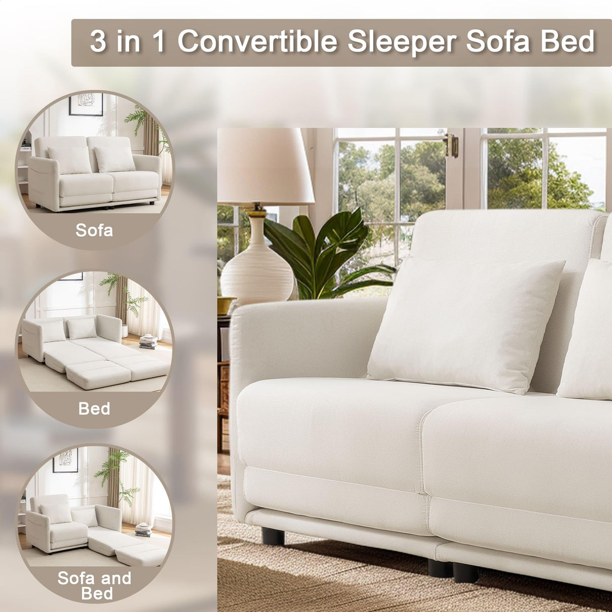 Korser 56.3" W x 74.8" L Full Size Pull Out Sofa Couch, Small Fold Floor Sofa Bed with Side Pockets, Loveseat Sleeper with Breathable & Washable Cover, Futon Couch for Living Room or Bedroom, White Korser