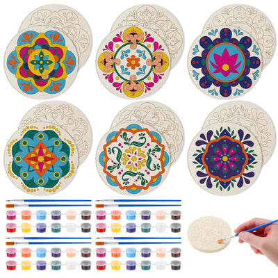 RimCereal 12 Pcs Rangoli Coaster Kit - Color Your Own DIY Wooden Mandala Painting Set With Colored Paints for Holi Activity, Diwali Party, Classroom and Home Decoration