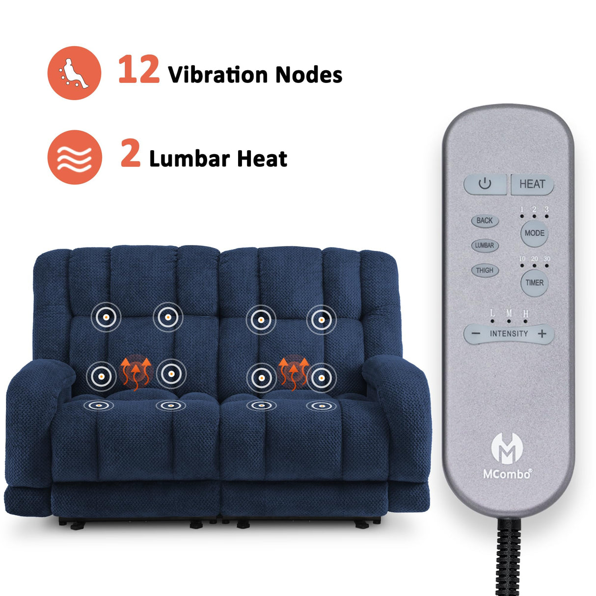 MCombo 64.6" Oversize Power Reclining Loveseat Sofa with Adjustable Headrest, Heat and Vibration Massage, Electric Loveseat Recliner with USB Charge Ports for Living Room 6855 (Navy Blue) MCombo