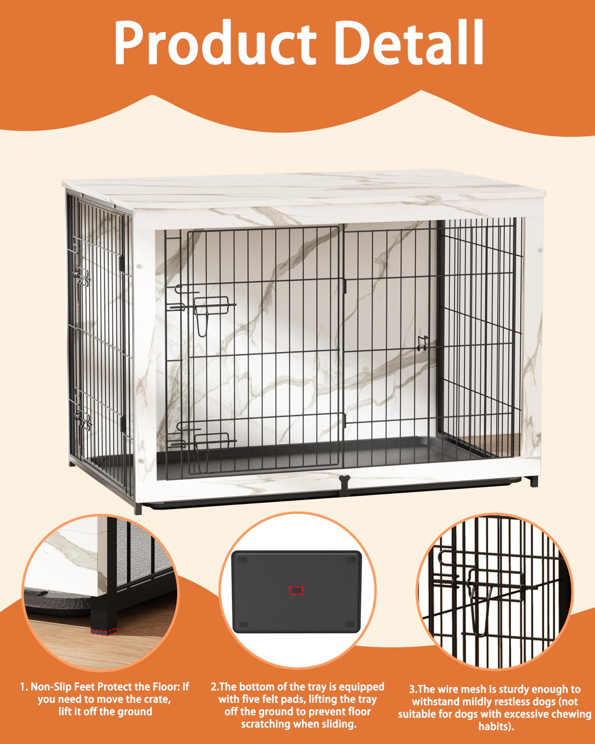 Megidok Wooden Dog Crate Furniture with Cushion, Dog Crate End Table with Tray, Double Doors Dog Crate(*L:43.1" L*28.6" W*30.3" H, Marble White) Megidok