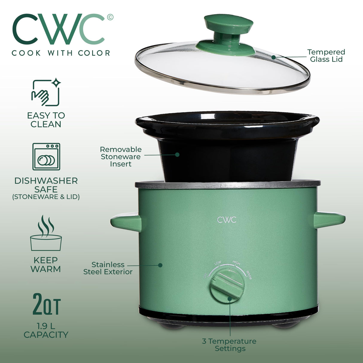 COOK WITH COLOR 2QT Mini Electric Round Slow Cooker - Adjustable Settings, Removable Stoneware Pot, Tempered Glass Lid, Dishwasher Safe, Cool-Touch Side Handles, Dark Sage COOK WITH COLOR