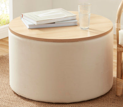 Ornavo Home 22 inch Large Round Ottoman Coffee Table Storage Ottoman with Wooden Lift Off Lid, Ottoman with Storage for Living Room, Bedroom and Office, Velvet Cream