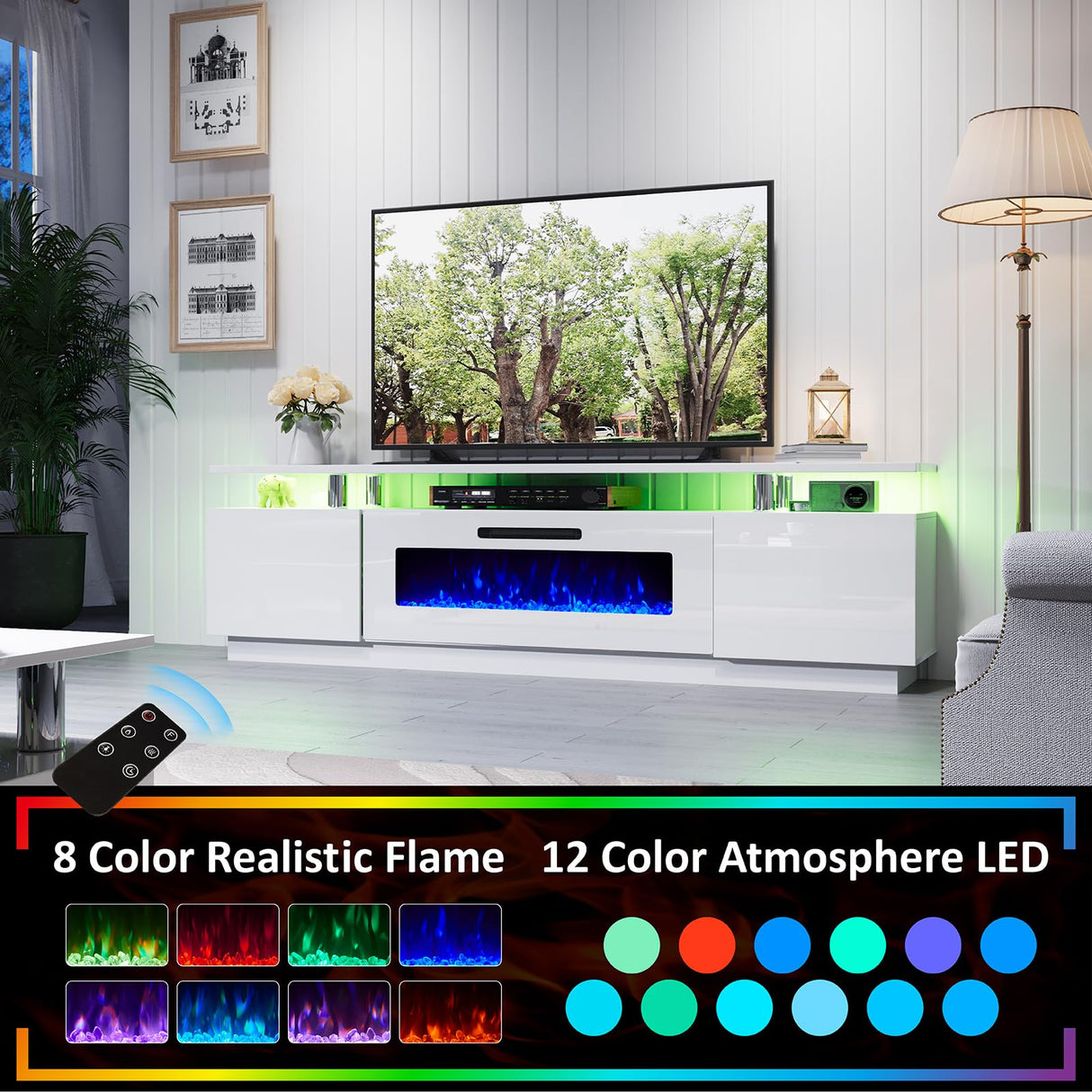 AMERLIFE 5 Piece Modern Living Room Table Set, Includes 80" Fireplace TV Stand, 2-Tier Coffee Table, 2 X Side Tables with Charging Station, LED Media Furniture, White AMERLIFE