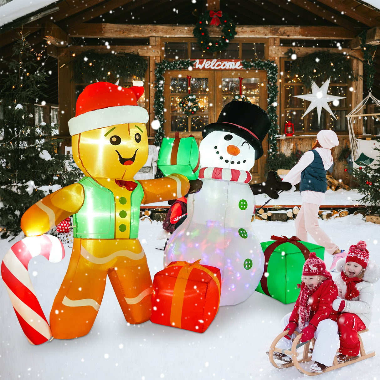 COOLWUFAN 6 FT Christmas Decorations Outdoor Inflatables Gingerbread Man Snowman Blow Up Yard Decor, Outdoor Inflatables Decorations with Rotating LED Light for Garden Patio Lawn Holiday Party Xmas COOLWUFAN