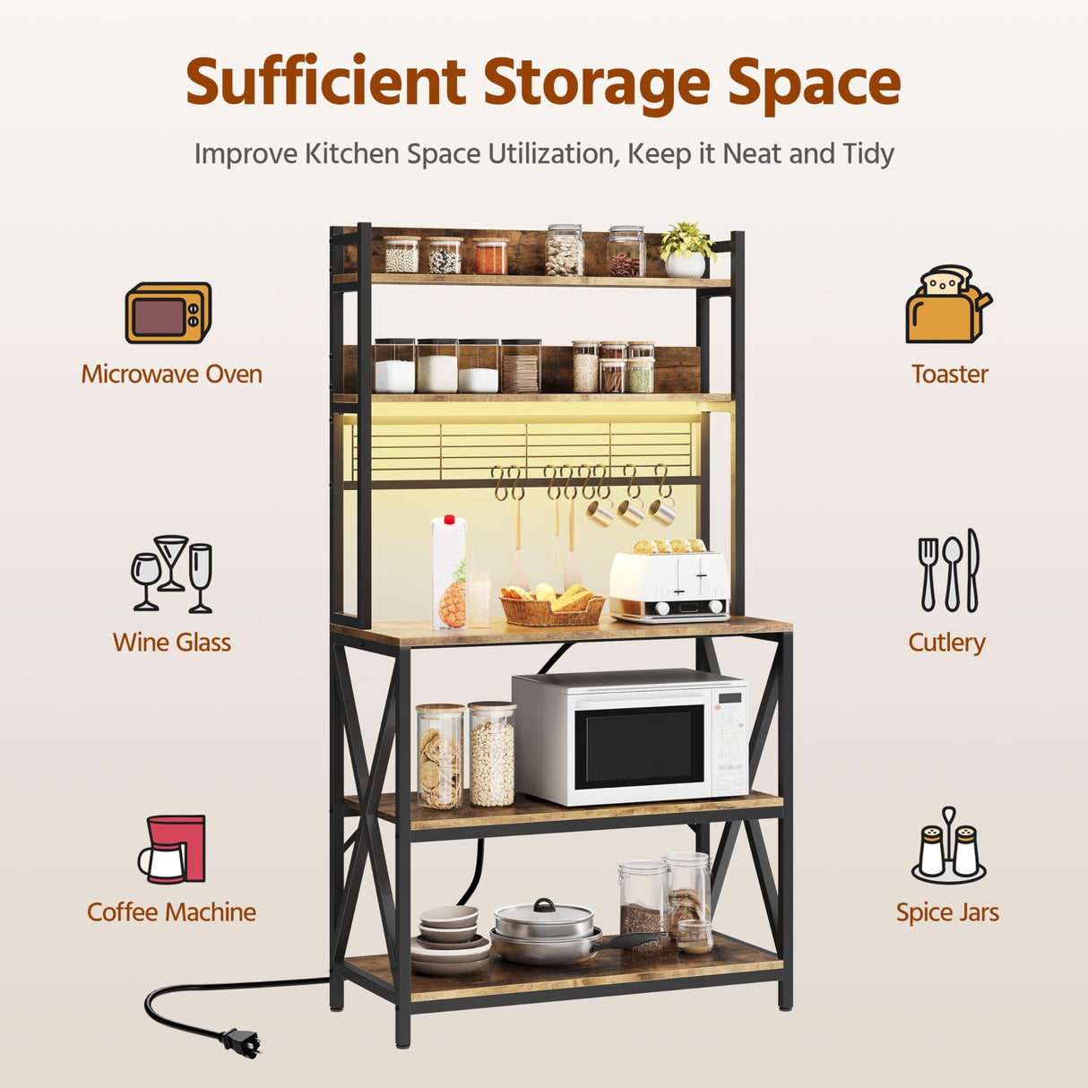 Yaheetech Kitchen Bakers Rack with Power Outlet & LED Lights, 5 Tiers Coffee Bar Table with 8 S Hooks, 64 Inches Tall Microwave Oven Stand with Storage for Spices, Pots, Rustic Brown Yaheetech