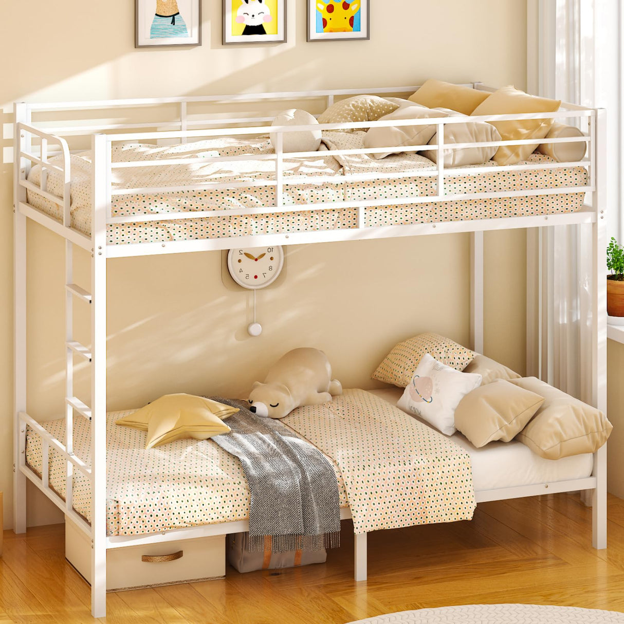 VINGLI Bunk Bed Twin Over Twin with 15 Inches Extra High Guardrail 2 Deckers Bunk Bed with Stairs & Flat Rungs, Heavy Duty Metal Slats, No Box Spring Needed, White VINGLI