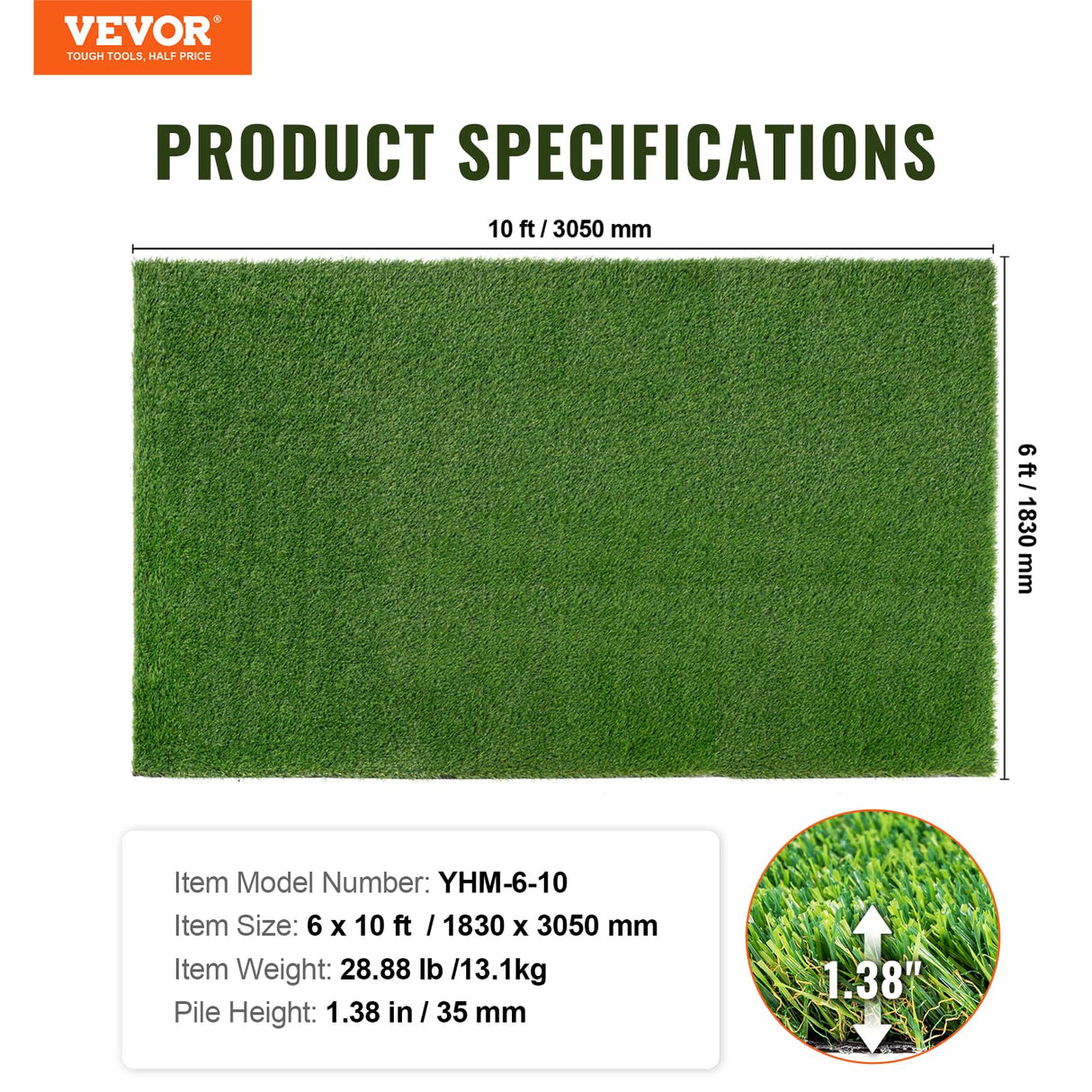 VEVOR Artifical Grass Turf, 6 x 10 ft Thick Grass Rug Indoor Outdoor, 1.38" Realistic Synthetic Grass Mat with Drainage Holes, Perfect for Patio Garden Lawn Home Backyard Dog Mats VEVOR