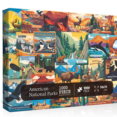American National Parks Puzzle for Adults 1000 Pieces, PICKFORU Travel Poster Landscape Puzzle Scenery of Zion Yellowstone Yosemite with Animals, Scenic Jigsaw Puzzles for Adults Mountain Scene