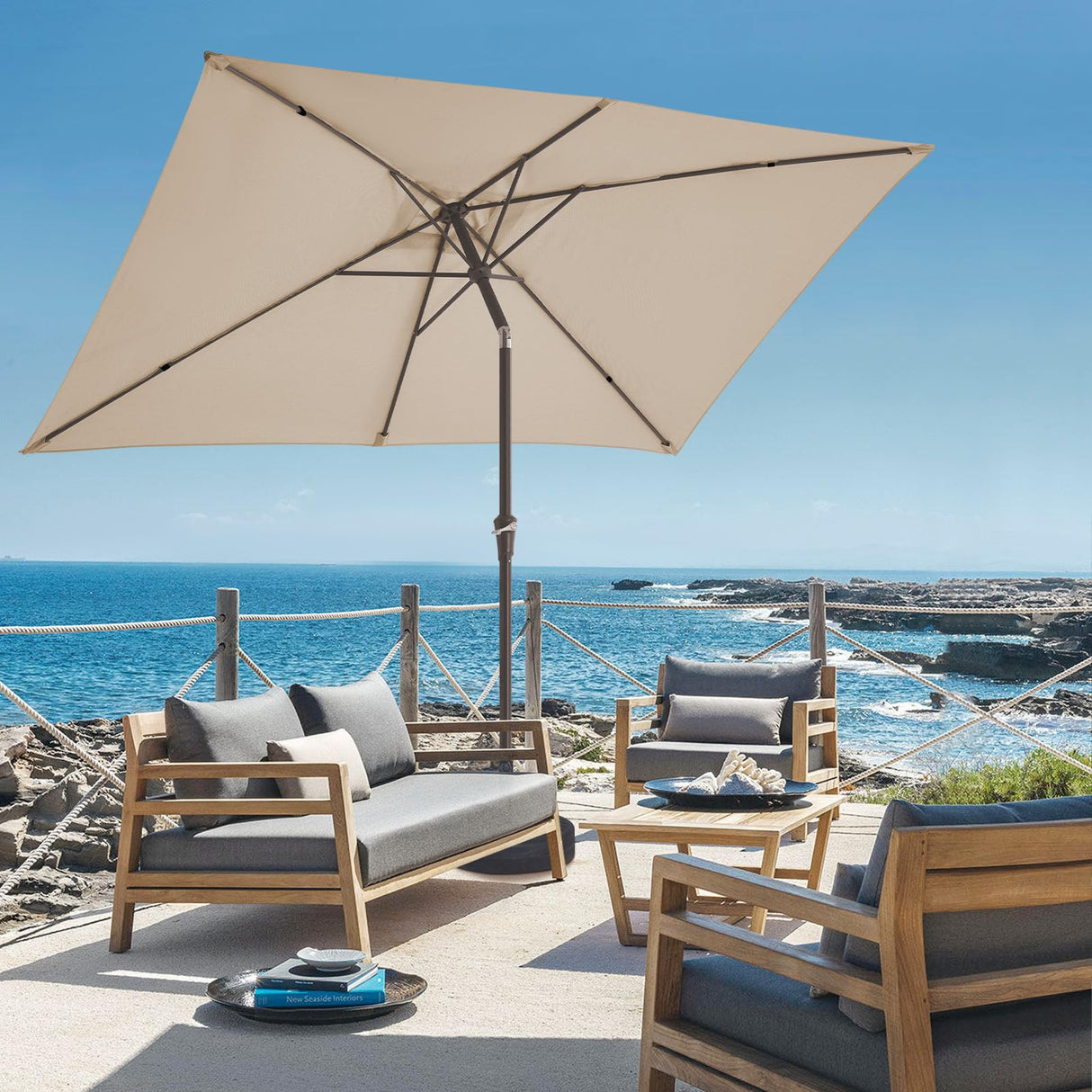 JEAREY 6.5x10 ft Rectangular Patio Umbrellas Outdoor Market Umbrella with Push Button Tilt and Crank, Rectangle Table Umbrella 6 Sturdy Ribs UV Protection for Pool Garden Backyard Deck, Beige JEAREY