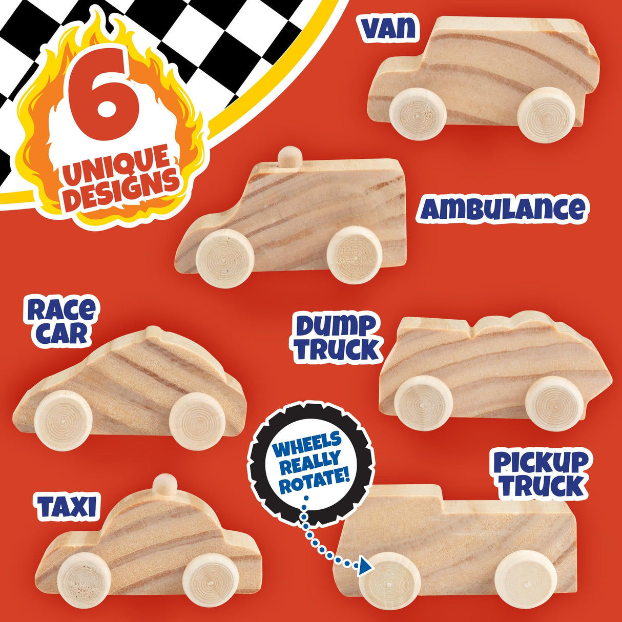 Kids Party Wood Painting Craft Kits (12ct) 3-D Cars - Each Kit Has its Own Brush, Paint, & Figure- 6 Designs Include Taxi, Trucks & More w Bonus Customizable Sticker Decals- Summer Camp Party Activity SCS Direct