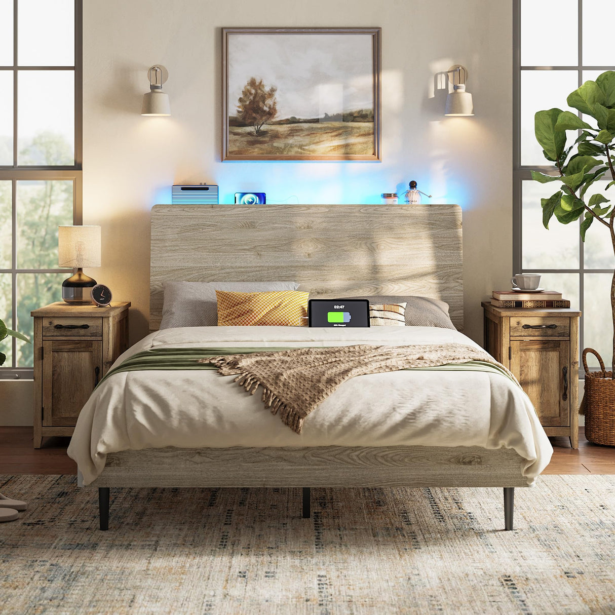 LINSY Full Size Bed Frame Wood with RGB Lights, Outlets, Charger, Farmhouse Wood Bed Frame Full with Ergonomic Headboard, Storage Shelf, Noise-Free, No Box Spring Needed - Beige LINSY