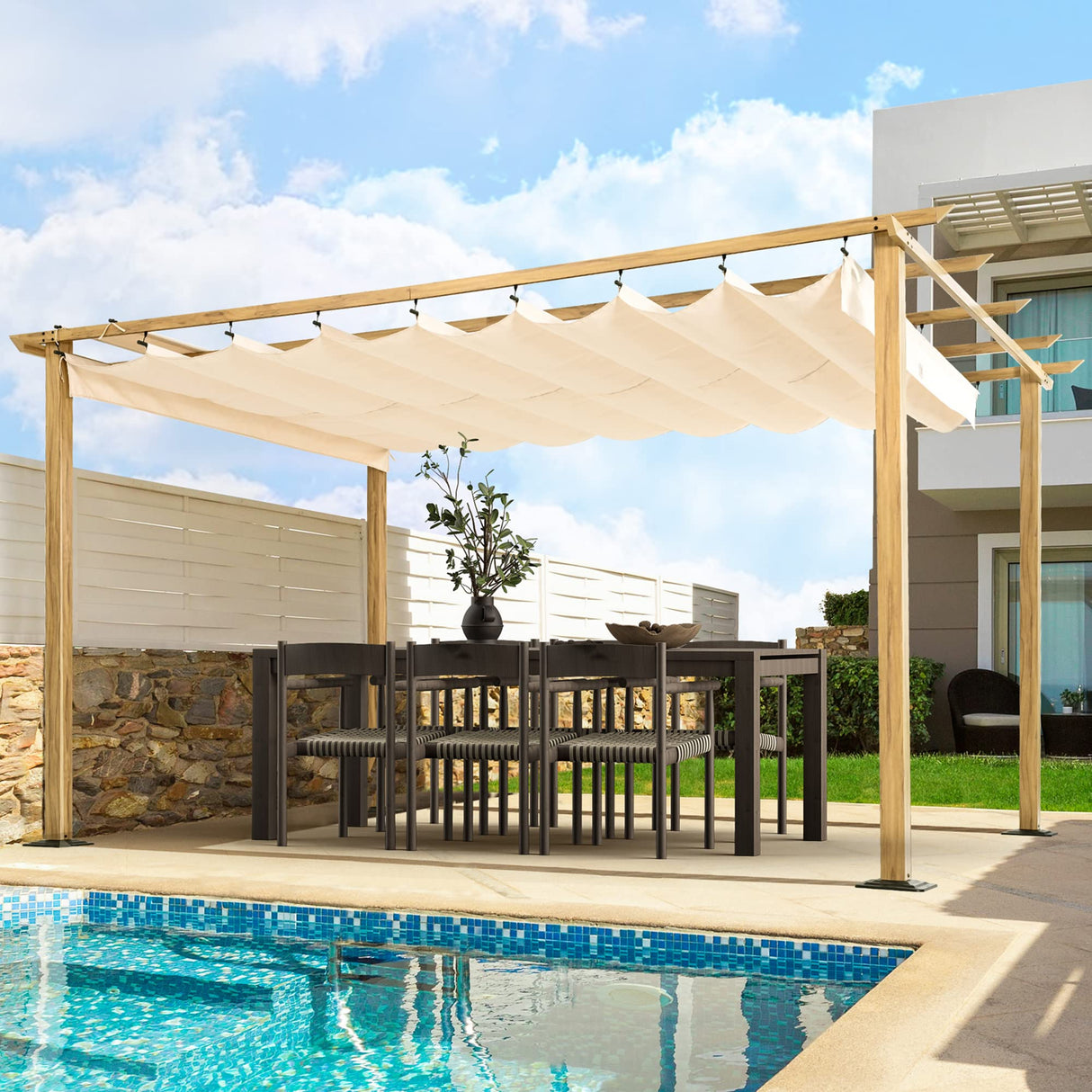 HAPPATIO 10' X 13' Wood-Grain Aluminum Pergola - Adjustable Sun Shade Canopy with Retractable Roof for Backyard, Deck, Patio, by The Pool(Beige) HAPPATIO