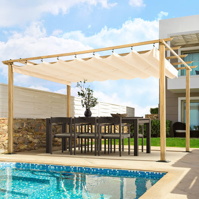 HAPPATIO 10' X 13' Wood-Grain Aluminum Pergola - Adjustable Sun Shade Canopy with Retractable Roof for Backyard, Deck, Patio, by The Pool(Beige)