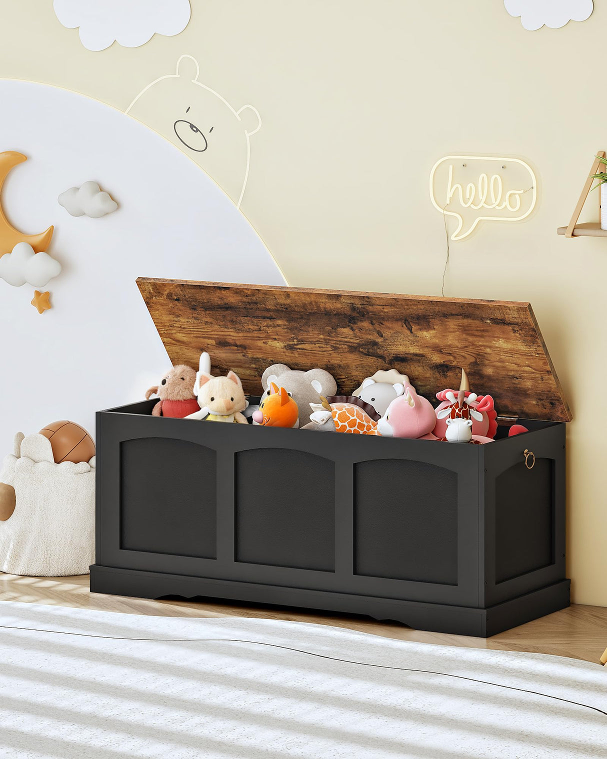 CHOEZON 39.4" Storage Chest Bench with Lift Lid, Toy Chest with Safety Hinge, Entryway Shoe Bench, Wooden Storage Trunk, Holds up to 220 lb, for Living Room, Bedroom, Black and Rustic Brown MCW12BF