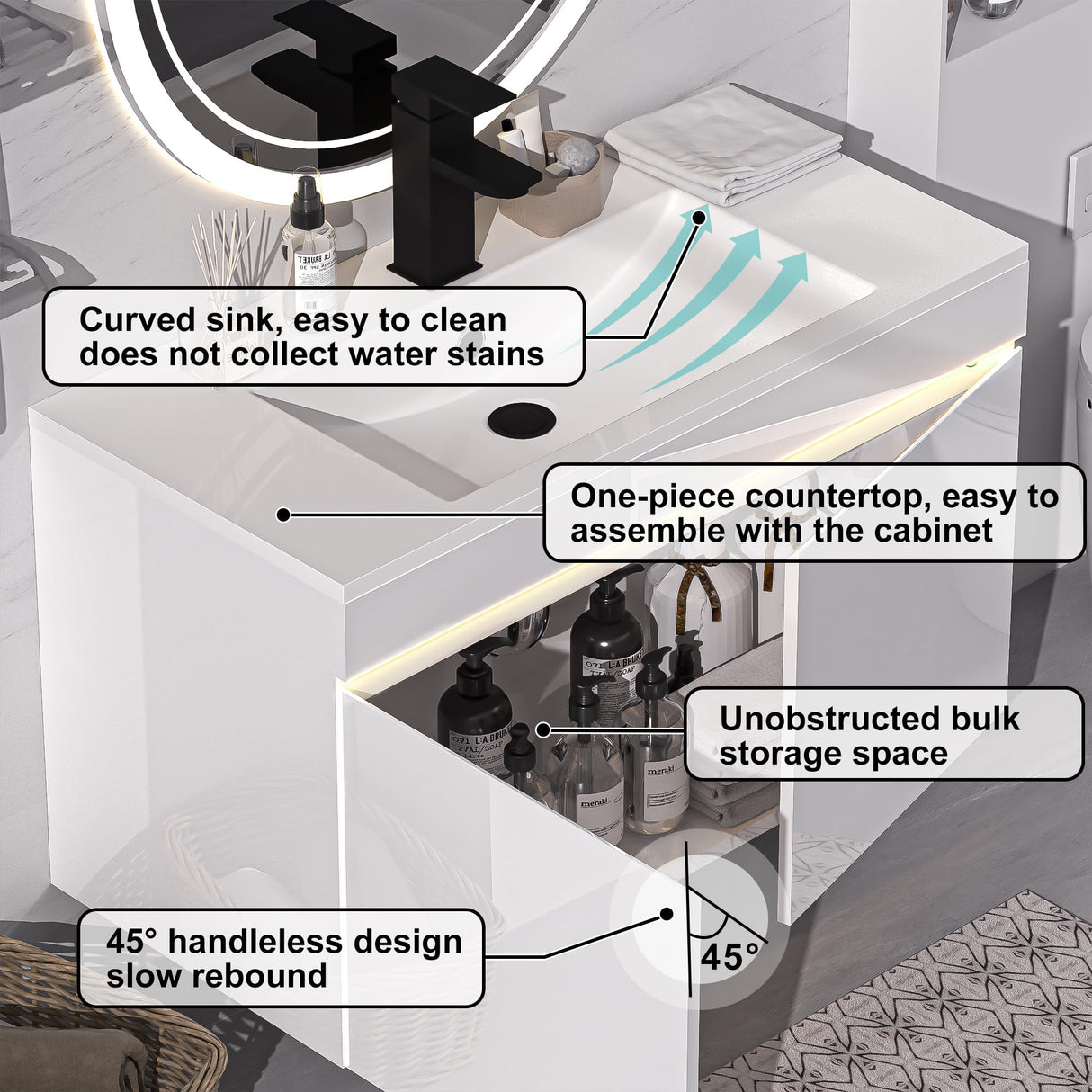 AHB 30 inch Bathroom Vanity W/Sink Combo, High Gloss Bathroom Cabinet, Smart Wall Mounted Sink Cabinet Auto Motion Sensor LED Light, Modern Floating Vanity with Faucet AHB