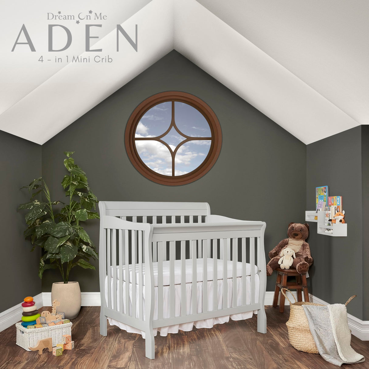 Dream On Me Aden 4-in-1 Convertible Mini Crib In Grey, Greenguard Gold Certified, Non-Toxic Finish, New Zealand Pinewood, With 3 Mattress Height Settings Dream On Me
