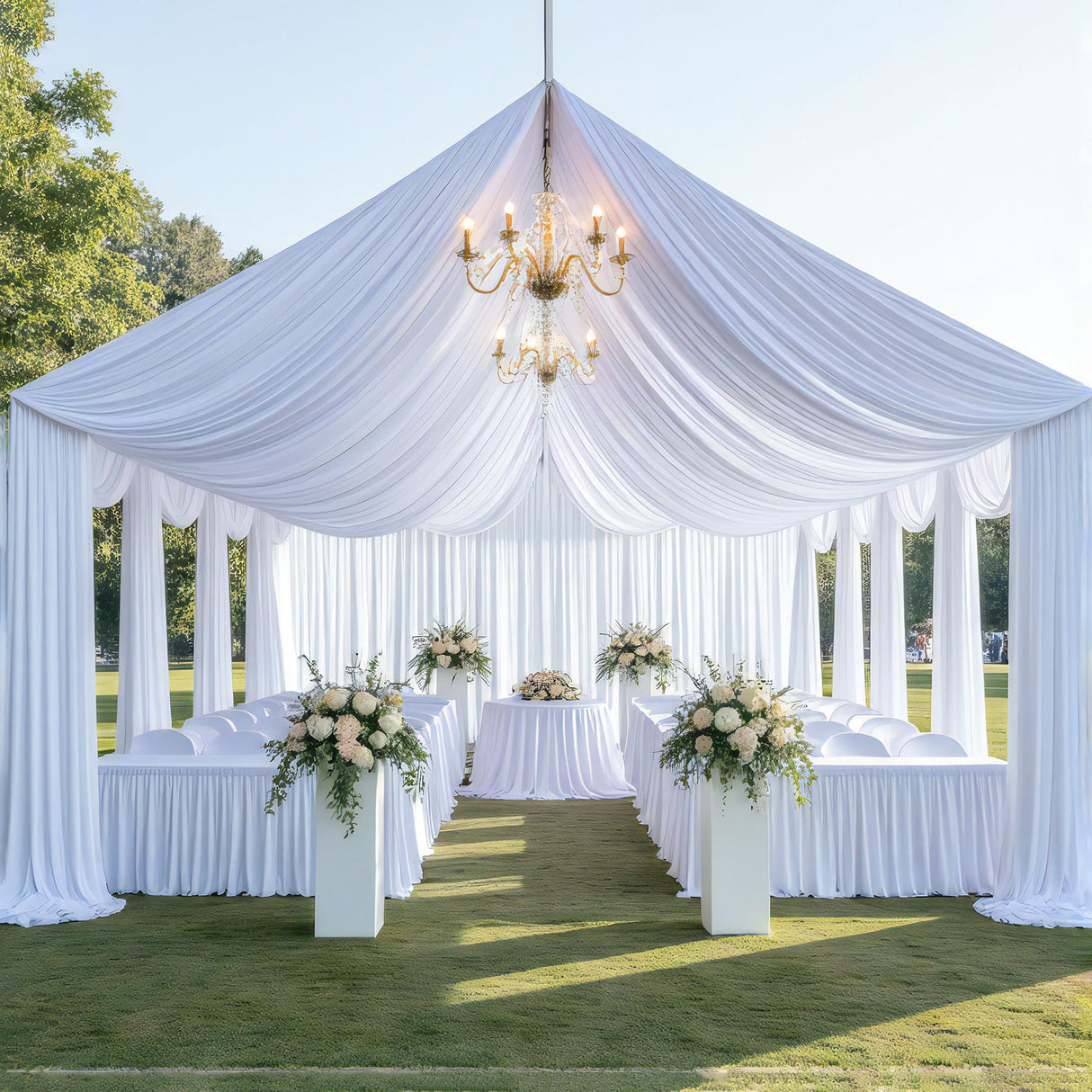 gogoparti 10x20ft White Ceiling Curtain Panels for Wedding, 2 Panels 5ftx20ft Party Wrinke Free Long Canopy Draping for Tent, Polyester White Ceiling Drapes for Birthday Event Decoration gogoparti