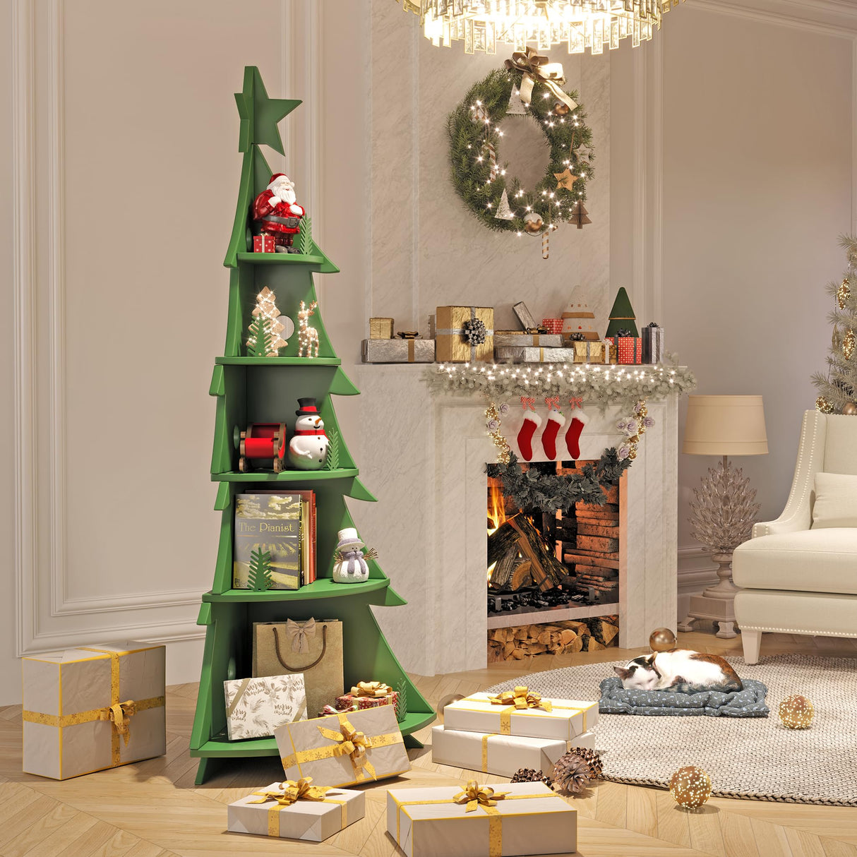 BALANBO Corner Bookshelf Christmas Tree Shape Rubber Wood Corner Bookcase for Study Living Room Bedroom Office Hall H71.1''(Green) BALANBO