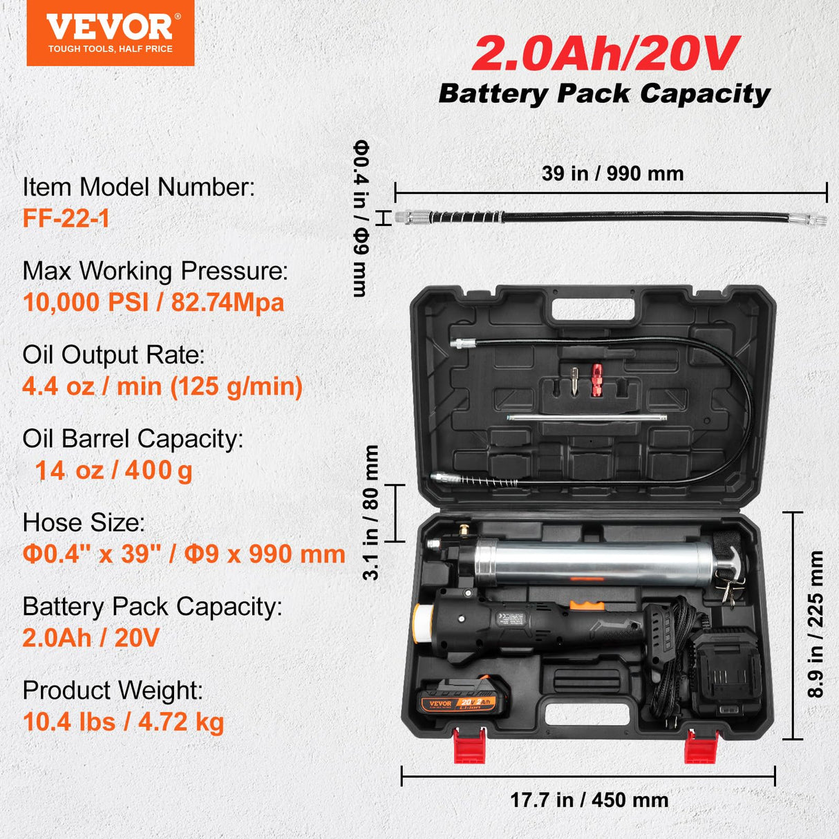 VEVOR Cordless Grease Gun, 20-Volt, 10,000 PSI, 39" Long Hose, Electric Grease Gun Kit Professional High Pressure Battery Powered Grease Gun with Carrying Case, Battery and Charger Included, Black VEVOR