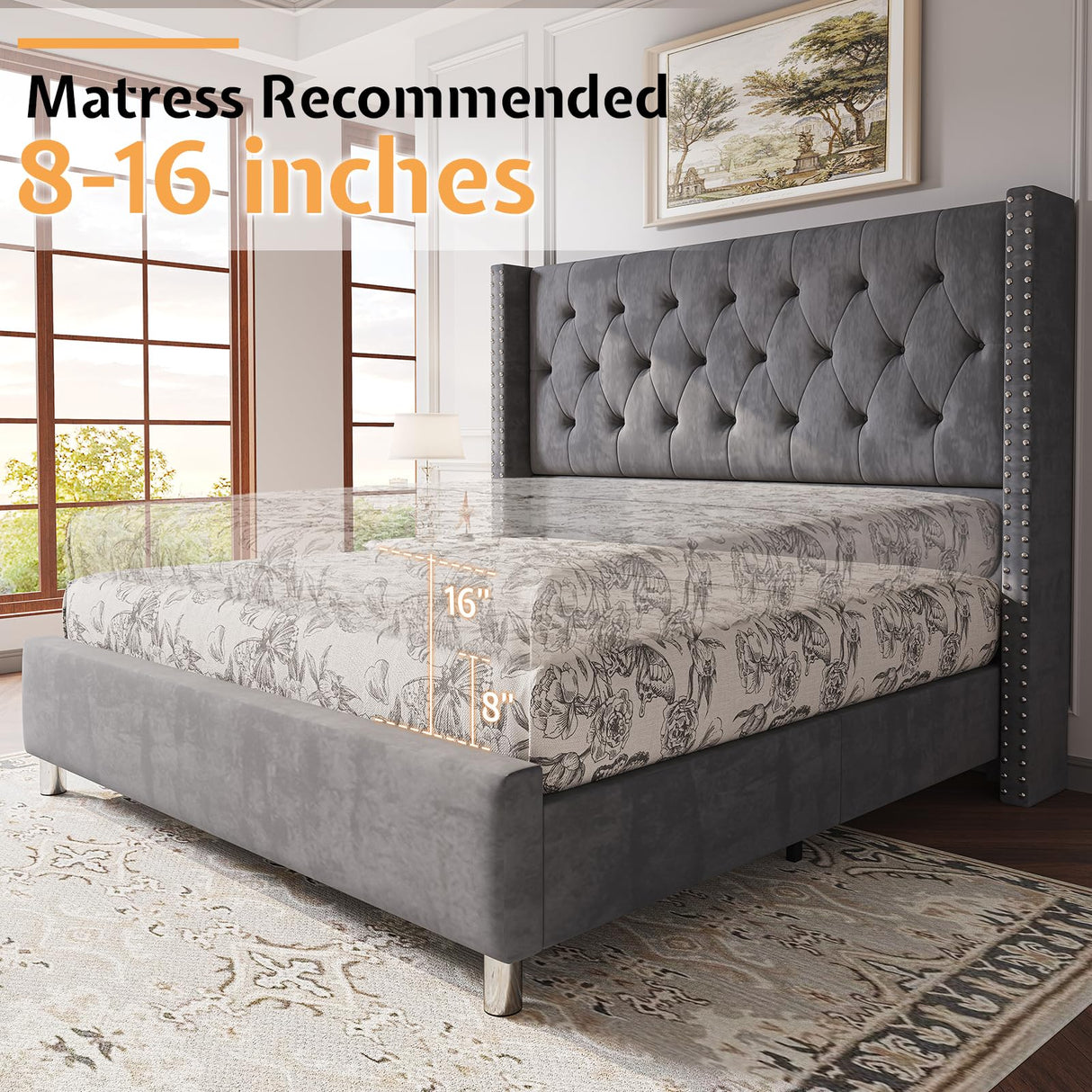 Jocisland Bed Frame King Size Velvet Tufted Upholstered Bed Low Profile Platform Bed Raised Wingback Headboard/Wood Slats Support/No Box Spring Needed/Easy Assembly/Grey Jocisland