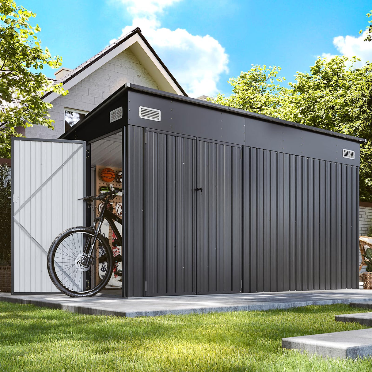 BinpLax 434 cu.ft Shed 12x7.4 Ft Premium Galvanized Steel Storage Sheds with Triple Doors Weatherproof Outdoor Utility Sheds, Dual Lock Lean to Shed for Mower, Bike, Generator, Garden Tools (Black) BinpLax