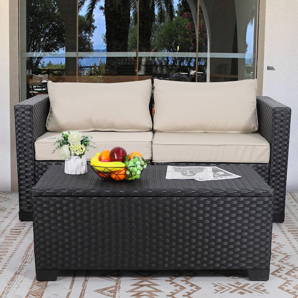 Rattaner Patio Coffee Table with Storage Wicker Outdoor Coffee Table and All-Weather Wicker Side Table with Waterproof Cover, Black Rattaner