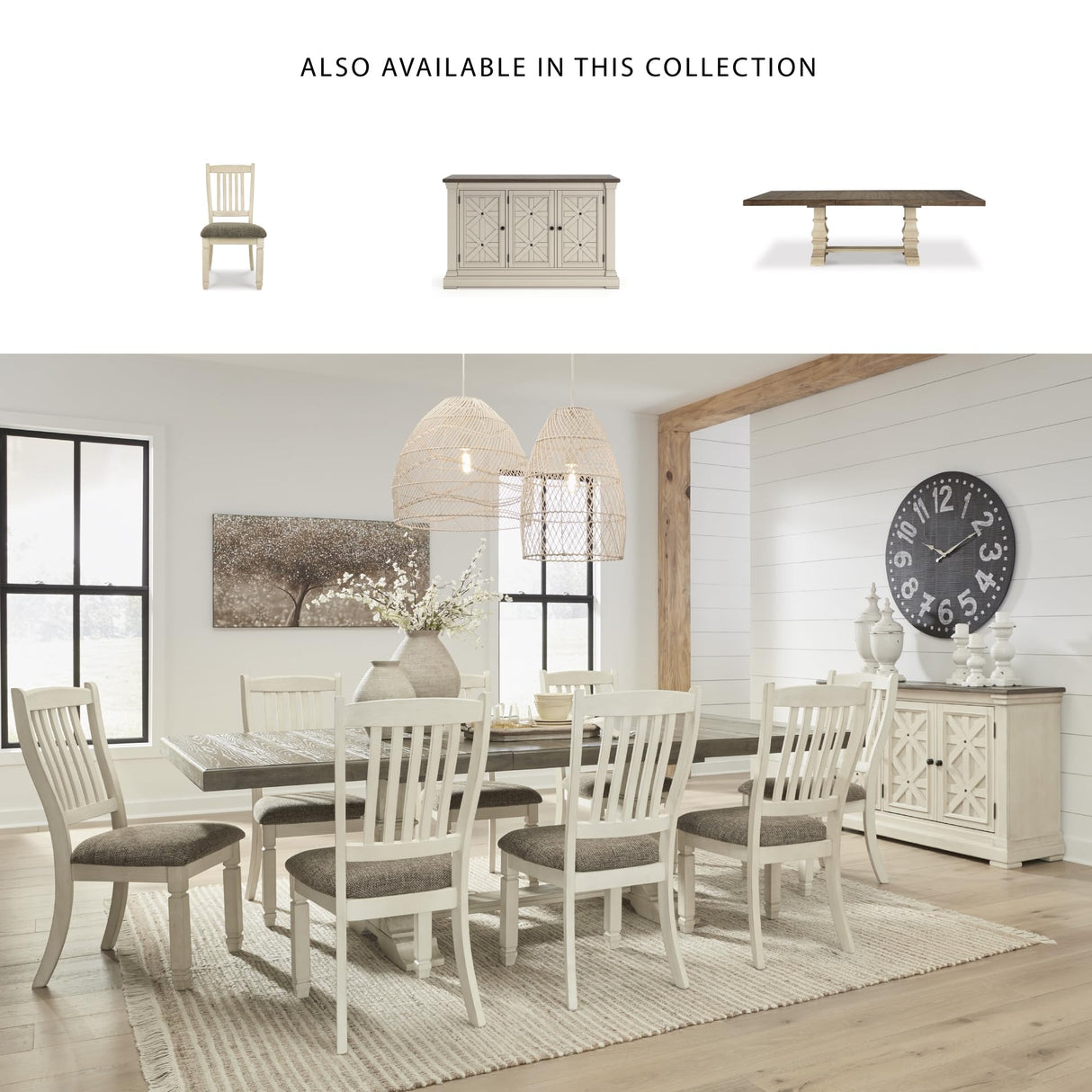 Signature Design by Ashley Bolanburg Farmhouse Extension Dining Table with Removable Center Leaf and Trestle Base, Dark Brown & White Signature Design by Ashley