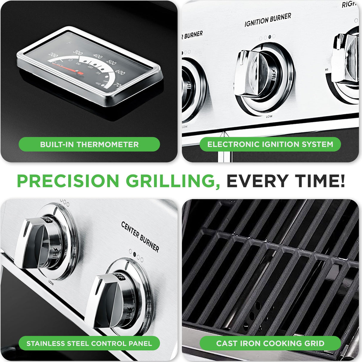 NutriChef Heavy-Duty 5-Burner Propane Gas Grill - Stainless Steel Grill, 4 Main Burner with 1 side burner, 52,000 BTU Grilling Capacity, Electronic Ignition System, Built-in Thermometer - NCGRIL2 NutriChef