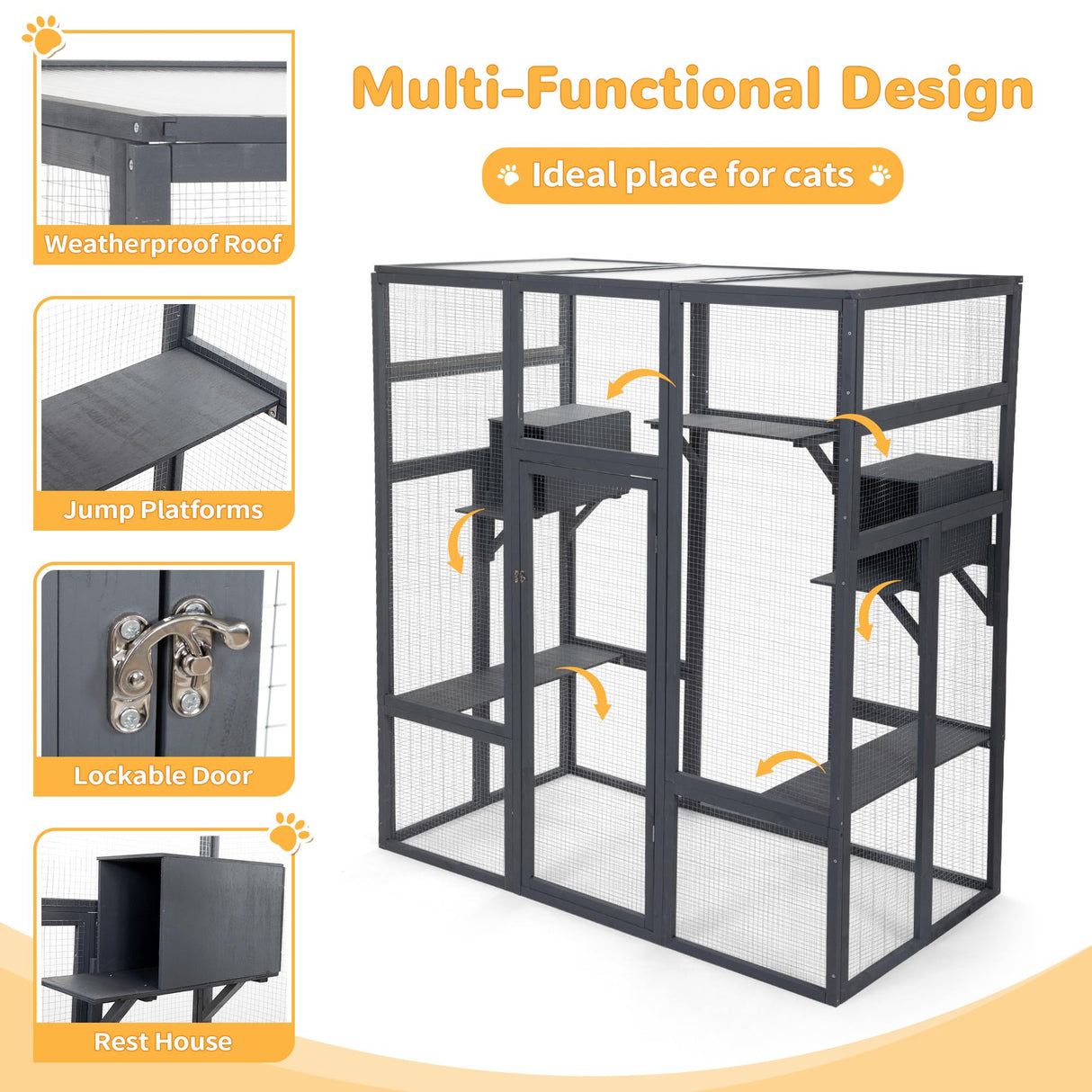 coivvovv Large Cat House Outdoor Catio - Cat Play & Run Enclosures Indoor Kitty Window Cage with Waterproof Roof, 7 Platforms & 2 Resting Box, UV Resistant, 62.4" L x 32.4" W x 70.1" H, Grey cozivvovv