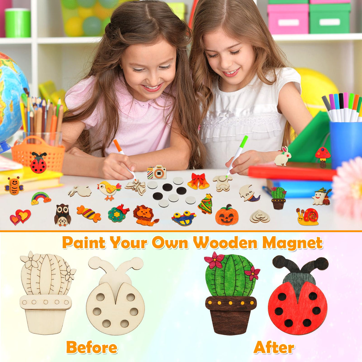 Worgree 48 Pcs DIY Wooden Magnets, Wooden Art Craft Supplies Painting Kit for Kids Ages 4-8 8-12 Glow in The Dark Party Favors Goodie Bag Stuffers Birthday Gifts Toys for Boys Girls Worgree