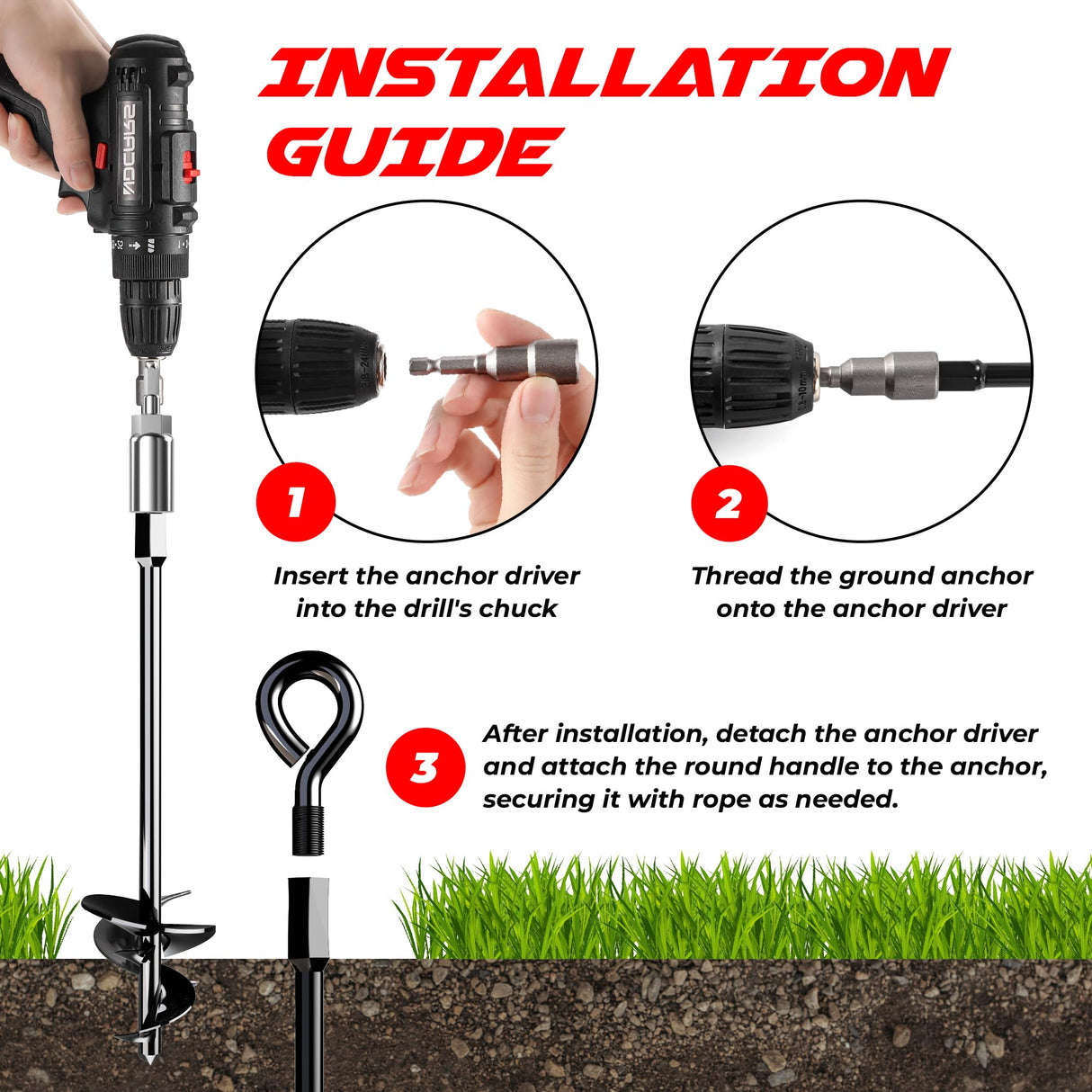 15'' Ground Anchors Screw-in - Heavy Duty for High Winds -Ground Stakes - Earth Anchors for Sheds, Swing Sets, Tents, Trampolines, Gazebos, Carports, and Hurricane Tie-Downs K-Brands