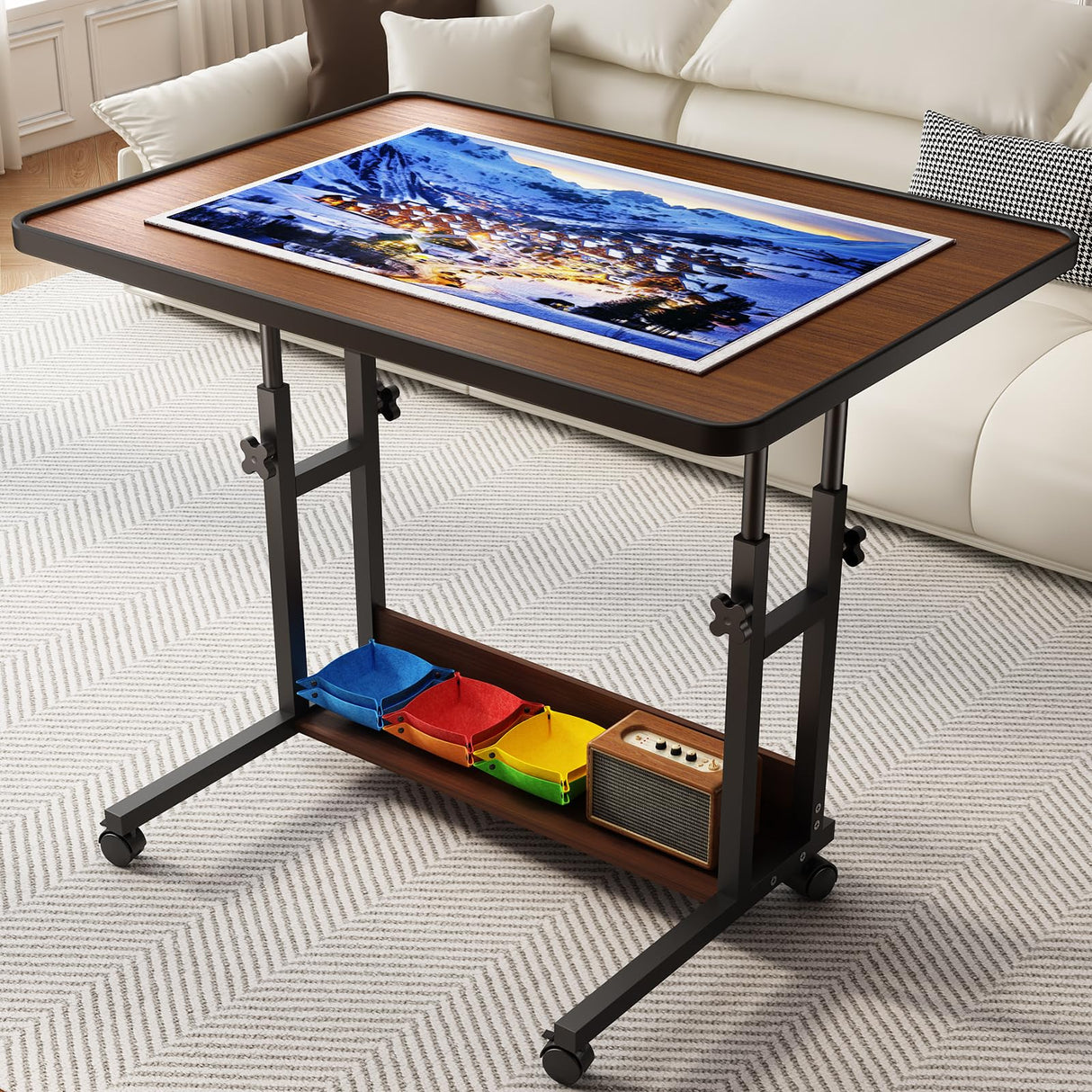 UPVERCY 1500 Piece Adjustable Puzzle Table with Legs and 6 Trays & Protective Cover, 34.8" x 26.7" Rolling Puzzle Board with Storage Shelf & Wheels - Jigsaw Puzzle Table, Wood Grain Finish - Walnut upvercy