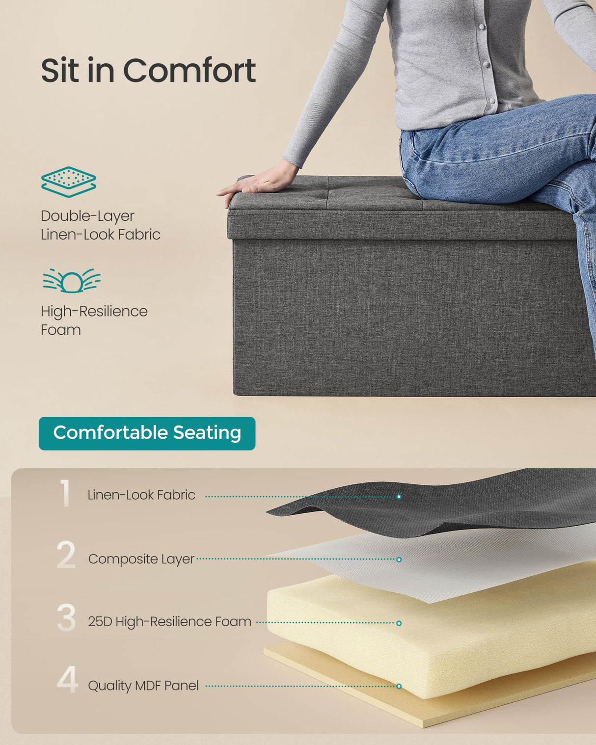 SONGMICS MAZIE Collection - 30 Inches Folding Storage Ottoman Bench, Ottoman Foot Rest, End of Bed Bench, Storage Chest, Load 660 lb, for Living Room, Bedroom, Entryway, Dark Gray ULSF47K SONGMICS