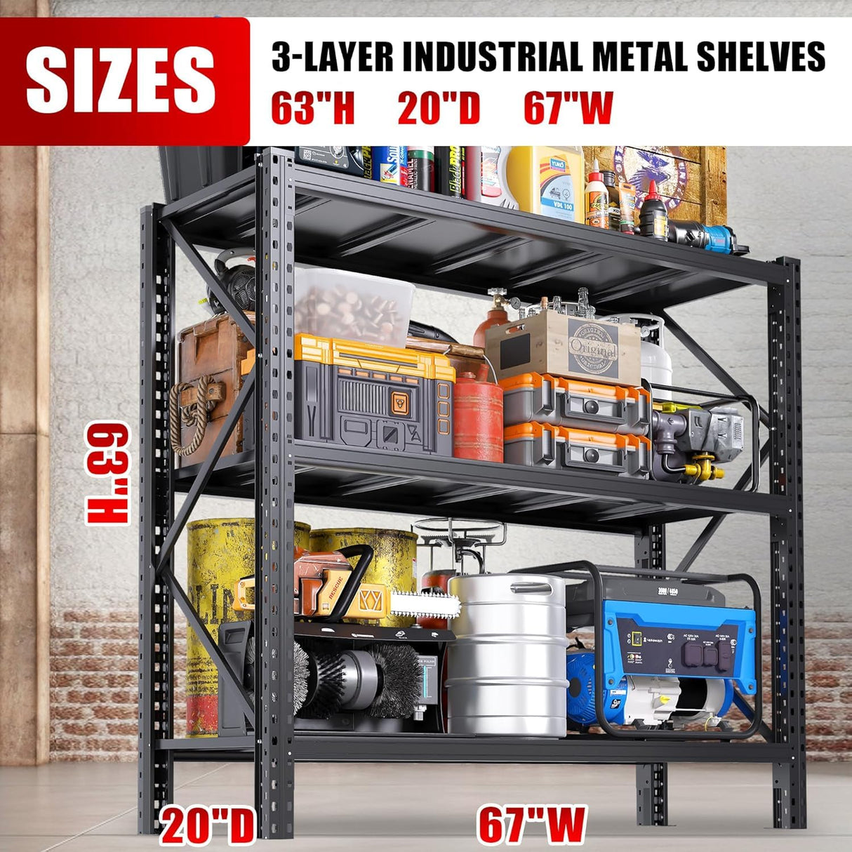 PRESTELION 67" W Garage Shelving 8500LBS Heavy Duty Storage Shelves,Adjustable 3 Tier Metal Shelves, Garage Storage Shelving and Pantry Industrial Shelf Utility Rack, 67" W x 20" D x 63" H PRESTELION