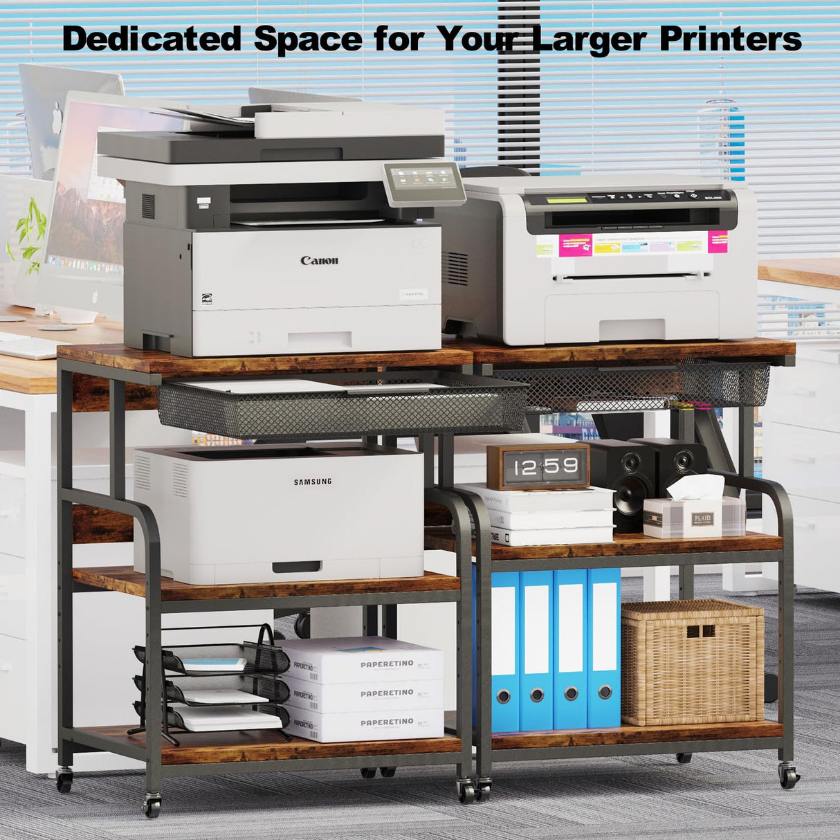 EasyCom 23.6''x18.9'' Extra Large Printer Stand with Drawer, 5-Adjustable Heights 3 Tier Printer Table with Wheels, Rolling Printer Cart with Storage for Printer Scanner Fax Home Office Use EasyCom