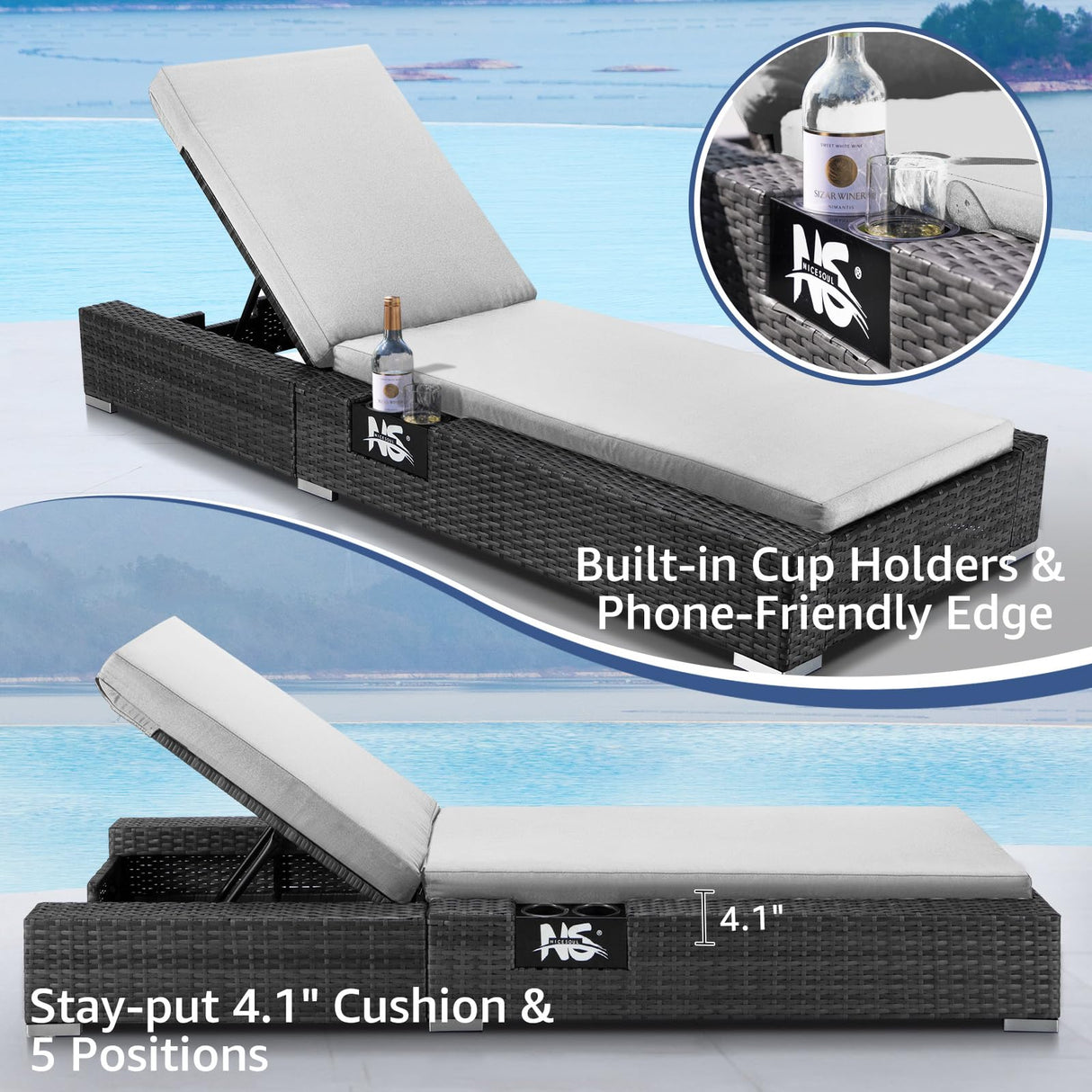 NICESOUL 13 Piece Outdoor Seating with Fire Pit Table, High-End Wicker Patio Furniture Set with Chaise Lounge, Comfy 29.3'' High Back Deep Sectional Sofa, All-Weather Backyard Sitting Area, Light Grey NICESOUL