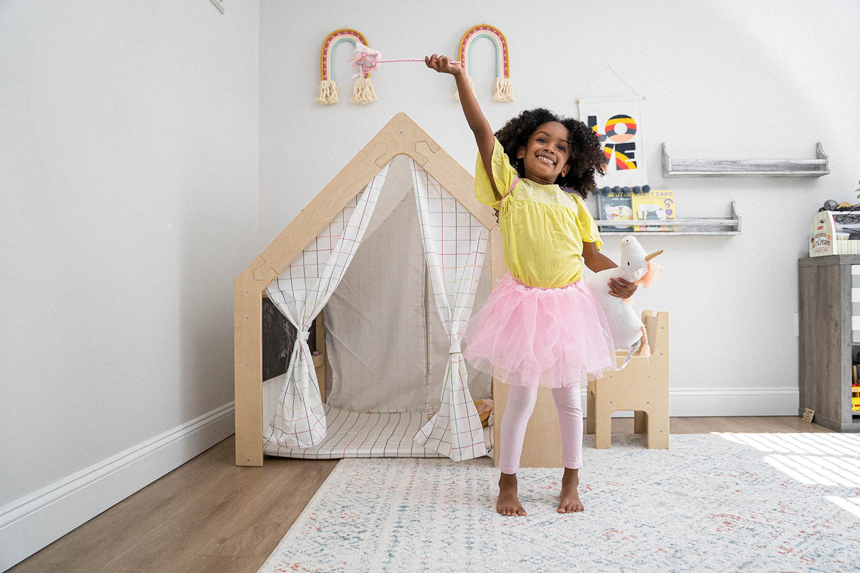 Avenlur Flair Montessori Style Wooden 5 in 1 Indoor Playhouse Play Tent with Desk Table, Chair, Chalkboard, Floor Cushion and Curtain Shades for Babies, Toddlers, Kids (Large, Windowpane) Avenlur