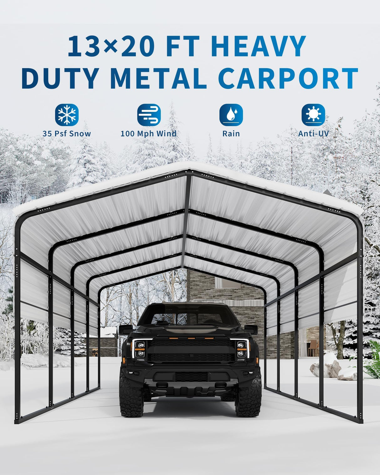 KOKEBREN Metal Carport, Outdoor Car Port Canopy with Reinforced Base and Galvanized Steel Roof, Heavy Duty Garage Car Shelter Shade for SUV, Truck, Boats, 13x20 FT KOKEBREN